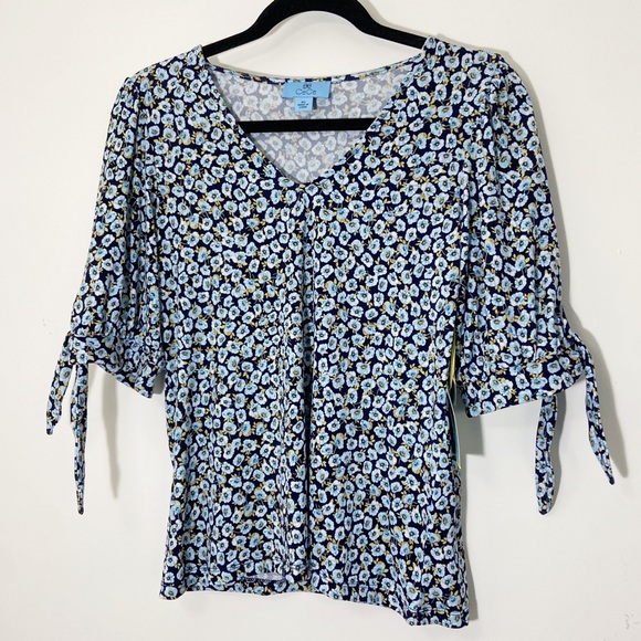 NWT CeCe Floral Blouse Blue Yellow X-Small - Picture 2 of 6